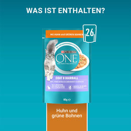 Purina One Adult Katzenfutter Coat & Hairball Stückchen in Sauce Huhn 26x85g – Bild 1 von 2
