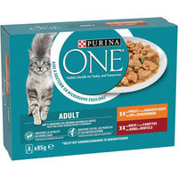 Produktbild von Purina ONE Adult Katzenfutter Huhn und Rind Stückchen in Sauce 8 x 85 g