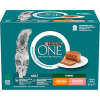 Produktbild von Purina One Adult Katzenfutter Sensitive Mixpaket mit Huhn, Lachs und Thunfisch Stückchen in Sauce 48 x 85 g