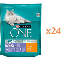 Produktbild von Purina One Coat & Hairball Trockenfutter Huhn für adulte Katzen 24x800g