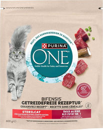 Produktbild von Purina One Grain Free Sterilcat Katzenfutter Rind für adulte kastrierte Katzen 600 g
