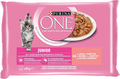 Purina One Junior Kitten Nassfutter Lachs in Sauce ohne Farb- und Aromastoffe 12 x 4 x 85 g - 12 x 340 g – Bild 1 von 2
