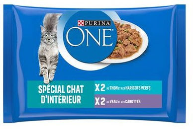 Produktbild von Purina ONE Katzen Nassfutter Indoor Thunfisch und Kalbfleisch Stückchen in Sauce für Wohnungskatzen aller Altersstufen 8 x 85 g - 24 x 85 g