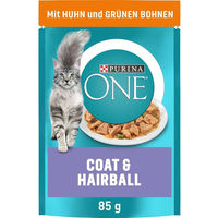 Produktbild von Purina One Katzenfutter Adult Langhaar Huhn in Sauce zur Unterstützung von Haut, Fell und gegen Haarballen 26x85g
