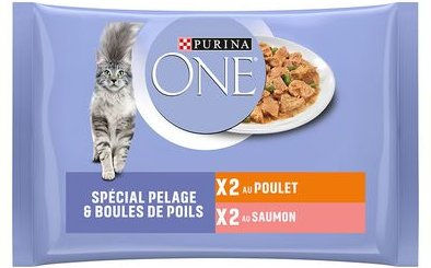 Produktbild von Purina ONE Katzenfutter Coat & Hairball Huhn und Lachs Stückchen in Sauce 24 x 85 g - 24 x 85 g