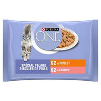 Produktbild von Purina ONE Katzenfutter Coat & Hairball Huhn und Lachs Stückchen in Sauce 24 x 85 g - 24 x 85 g