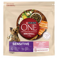Produktbild von Purina ONE MINI Hundetrockenfutter Sensitive Lachs und Reis 1,5kg