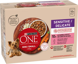 Purina ONE Mini Sensitive Adult Hundefutter Stückchen in Sauce Rind Huhn Lamm Lachs 10 x 85 g - 10 x 85 g – Bild 1 von 6
