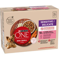 Produktbild von Purina ONE Mini Sensitive Adult Hundefutter Stückchen in Sauce Rind Huhn Lamm Lachs 10 x 85 g - 10 x 85 g