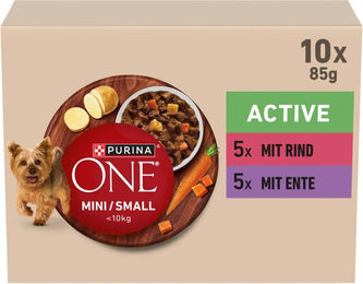 Purina ONE Mini Small Active Nassfutter für kleine Hunde Adult mit Rind und Ente Stückchen in Sauce 3 Pack - 10 x 85 g – Bild 1 von 2
