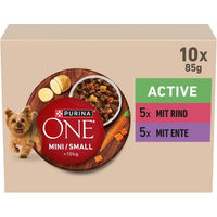 Produktbild von Purina ONE Mini Small Active Nassfutter für kleine Hunde Adult mit Rind und Ente Stückchen in Sauce 3 Pack - 10 x 85 g