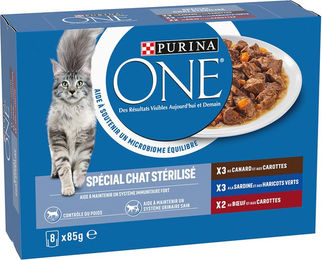 PURINA ONE Mixpaket Sterilized Adult Katzen Nassfutter Stückchen in Sauce Ente Sardine Rind 8 x 85 g - 8 x 85 g – Bild 1 von 11