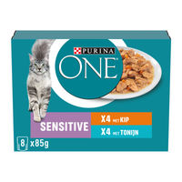 Produktbild von Purina ONE Sensitive Katzenfutter Huhn und Thunfisch Stückchen in Sauce 8 x 85 g
