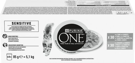 Purina One Sensitive Katzenfutter Nass Adult Sortenmix mit Thunfisch und Huhn in Sauce 60 x 85 g – Bild 1 von 3