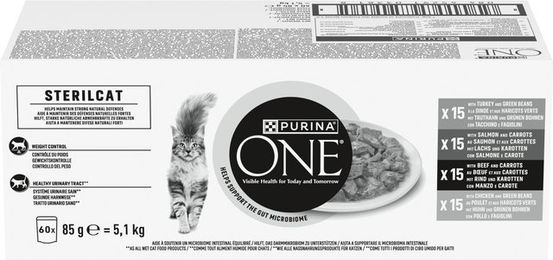 Purina One Sterilcat Katzenfutter Nasssorten-Mix mit Truthahn, Lachs, Rind und Huhn in Sauce für sterilisierte Katzen 60 x 85 g – Bild 1 von 3