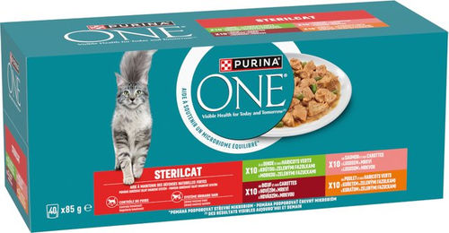 Purina ONE Sterilcat Nassfutter für ausgewachsene Katzen mit Huhn, Rind, Lachs und Truthahn in Sauce, 40 x 85 g Beutel - 40 x 85 g – Bild 1 von 9