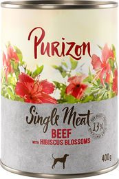 Produktbild von Purizon Hundefutter Rind mit Hibiskusblüten Stückchen in Sauce getreidefrei monoprotein sensitive 6 x 400 g - 6 x 400 g