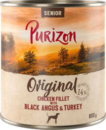 Produktbild von Purizon Hundefutter Senior Hühnerfilet mit Black Angus Stückchen in Sauce getreidefrei 6 x 800 g