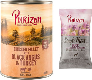 Purizon Kombi-Paket für Hunde Adult: 400 g Nassfutter Black Angus mit Truthahn und 100 g Trockenfutter Ente mit Lavendelblüten getreidefrei und monoprotein – Bild 1 von 1