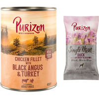 Produktbild von Purizon Kombi-Paket für Hunde Adult: 400 g Nassfutter Black Angus mit Truthahn und 100 g Trockenfutter Ente mit Lavendelblüten getreidefrei und monoprotein