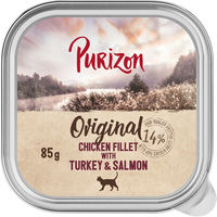 Produktbild von Purizon Original Nassfutter Schale mit Hühnerfilet, Truthahn und Lachs Stückchen in Soße getreidefrei 6 x 85 g