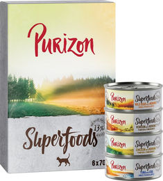 Produktbild von Purizon Superfoods Mixpaket Getreidefrei mit hohem Fleischanteil 6 x 70 g (Huhn, Thunfisch, Wildschwein, Wild) - 6 x 70 g