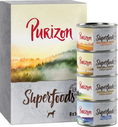 Produktbild von Purizon Superfoods Nassfutter Mixpaket für Katzen 6 x 140 g getreidefrei mit hohem Fleischanteil (Huhn, Thunfisch, Wildschwein, Wild) - 6 x 140 g
