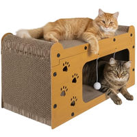 Produktbild von Purlov Katzen Kratzhaus 3-in-1 mit 2 Ebenen aus HDF und fester Wellpappe für Katzen inkl. Spielbällen 29,5x56x27 cm