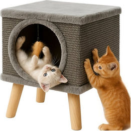 Purlov Katzenhaus Katzenhöhle und Kratzbaum aus Holz in Grau für erwachsene Katzen – Bild 1 von 5