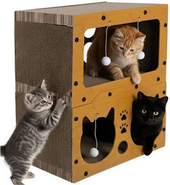 Purlov Katzenkratzbaum mit 2-stöckigem Haus und integrierten Bällen für Katzen Adult in Braun und Bunt – Bild 1 von 5