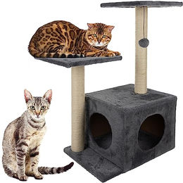 Purlov Kratzbaum für Katzen mit Katzenhöhle, 2 Sisalstämme und 2 Plattformen in Beige und Grau – Bild 1 von 9