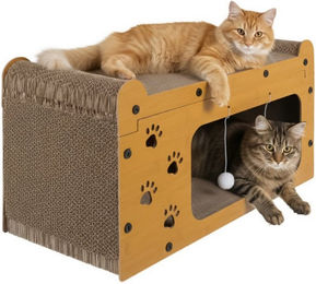 Purlov Kratzbaum für Katzen zweistöckig mit Haus Liegefläche und Spielbällen aus HDF und Wellpappe in Braun – Bild 1 von 5