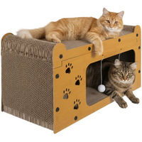 Produktbild von Purlov Kratzbaum für Katzen zweistöckig mit Haus Liegefläche und Spielbällen aus HDF und Wellpappe in Braun