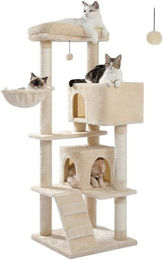 Purpurra Kratzbaum für Katzen mit großer Höhle und Hängematte in Lila und Beige aus Plüsch, 143 cm – Bild 1 von 1