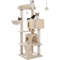 Produktbild von Purpurra Kratzbaum für Katzen mit großer Höhle und Hängematte in Lila und Beige aus Plüsch, 143 cm