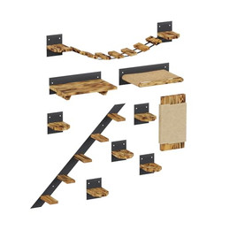 Produktbild von QLS Katzen Kletterwand Set Hängebrücke Katzenbett Katzenregal im industriellen Stil aus Holz und Stahl