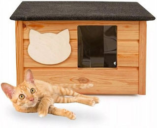 Produktbild von QLS Katzenhaus aus Holz 53x39 cm mit Matratze isoliert winterfest