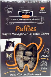 QChefs Puffies Zahnpflege-Snack für Hunde getreidefrei und hypoallergen mit Milchprotein 65g – Bild 1 von 4