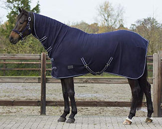 QHP Abschwitzdecke Basic Fleece mit Halsteil und Kreuzgurten Blau 145 cm – Bild 1 von 2