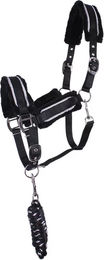 QHP Dolci Halfter-Set für Ponys mit Kunstfellpolsterung in Schwarz/Silber – Bild 1 von 2