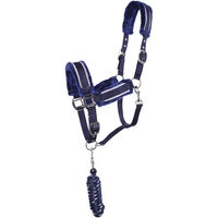 Produktbild von QHP Dolci Halfter-Set für Ponys mit Kunstfellpolsterung und Longiergurt in Blau/Silber