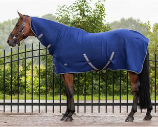 QHP Fleece-Abschwitzdecke Basic mit Halsteil und Kreuzgurten Blau Schwarz - 115 cm – Bild 1 von 5