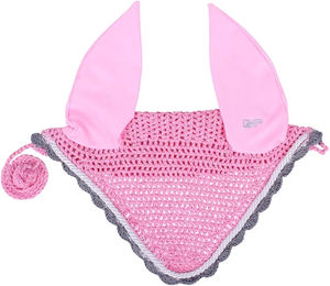 QHP Fliegenhaube aus gehäkelter Baumwolle mit Zierkordel und Kehlriemenschlaufen in Flamingo Pink für Shettys – Bild 1 von 2