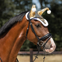 QHP Fliegenhaube Santa Ohrhaube für Pferde in Rot Gold aus Polyester – Bild 1 von 3