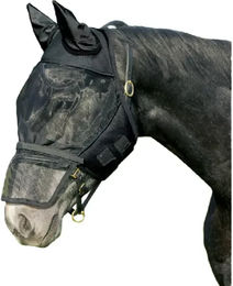 QHP Fliegenschutzmaske für Pferde mit abnehmbarem Nasenschutz in Schwarz Größe Pony – Bild 1 von 4