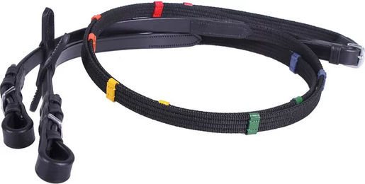 QHP Gurtzügel aus Leder mit farbigen Stoppern für Warmblut in Schwarz – Bild 1 von 3