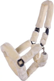 QHP Halfter Alaska aus Kunstleder mit Kunstfell in Beige und Weiß für Vollblut – Bild 1 von 2