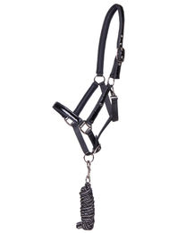 QHP Halfter Set Djune in Schwarz mit Strick aus Leder für Ponys – Bild 1 von 4