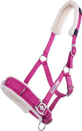 QHP Kappzaum und Halfter-Kombination mit Kunstfell-Polsterung in Rosa für Warmblut Pferde – Bild 1 von 3