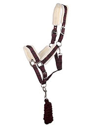 QHP Luxus Halfter-Set für Vollblut mit Kunstfell und Nylon-Strick mit Tasche in Wine Red – Bild 1 von 2